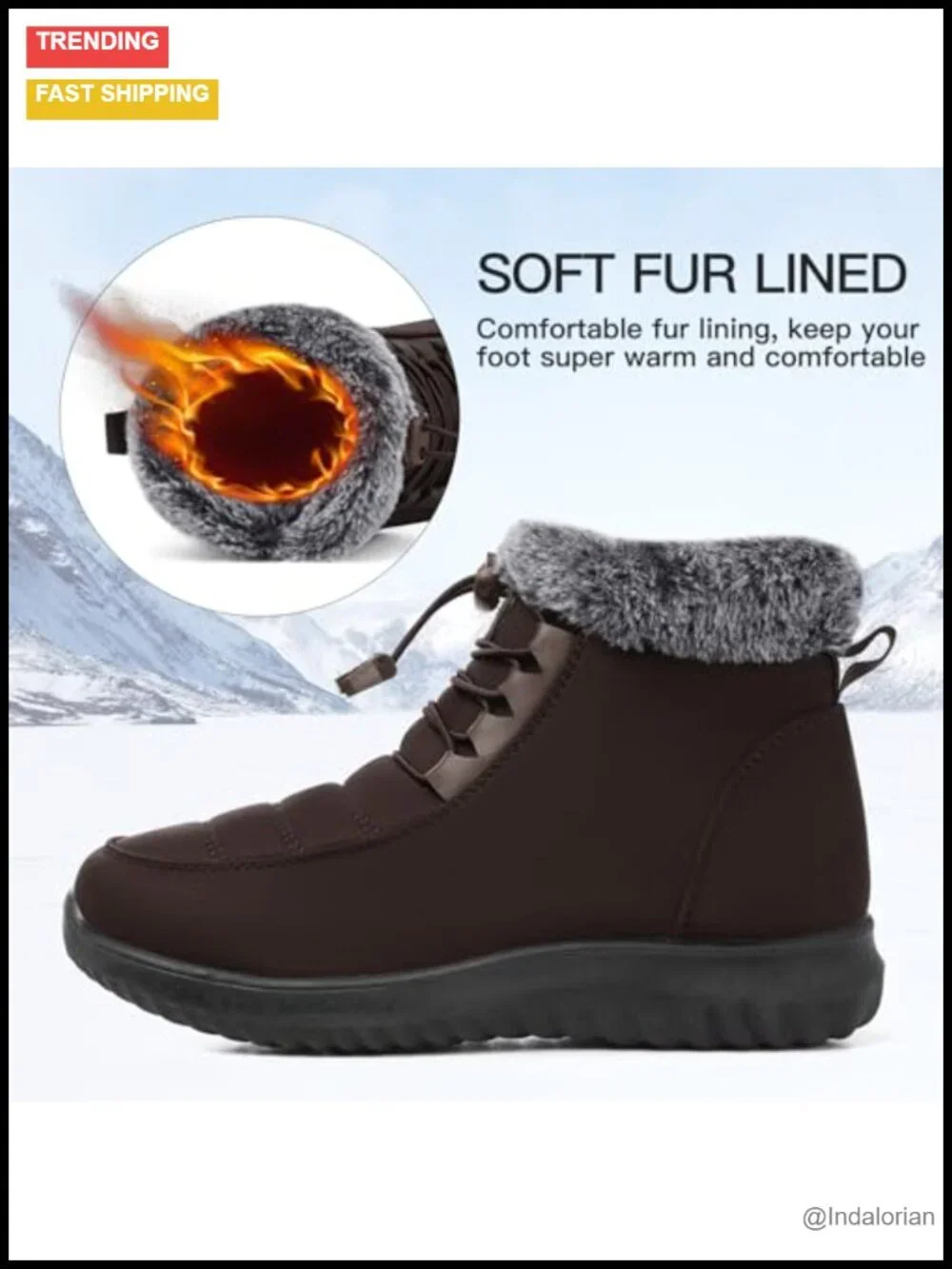 Fur Lined Warm Ankle Boots Water Resistant Anti-slip Zipper Outdoor Walking
